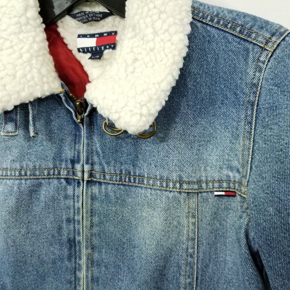 Tommy Hilfiger Kids Vintage Denim Jacket Blue Sz L Faux Sherpa Collar Cuffs Logo - Picture 9 of 13